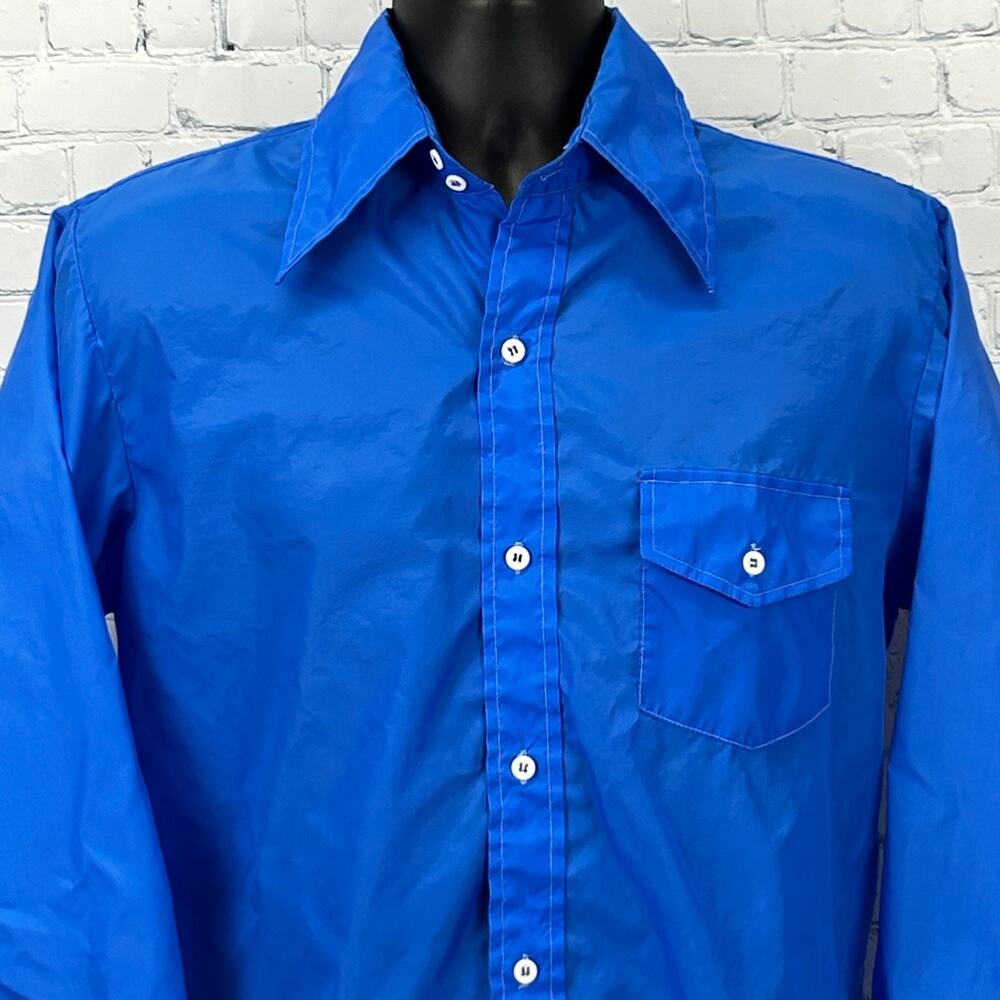 Vintage 70s Skyr Button Front Shirt Jacket Blue Disco Big Collar Nylon M Medium